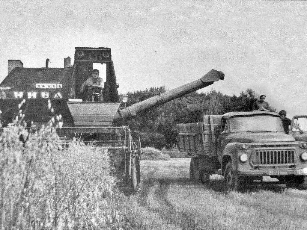 СК-5 "Нива" и ГАЗ-53А #21-71 ПОЧ. Уборка урожая в колхозе имени Н.В. Гоголя. Скан фотоиллюстрации из книги: Т.Б. Чернецкая. "Город-курорт Миргород", Харьков, издательство "Прапор". Полтавская область, Миргородский район, с. Великие Сорочинцы.