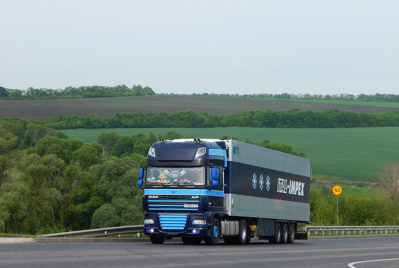 Седельный тягач DAF FT XF105 # Н 109 ЕО 31 с полуприцепом. Белгородская область, Алексеевский район, автодорога Р-185 "Белгород - Павловск"