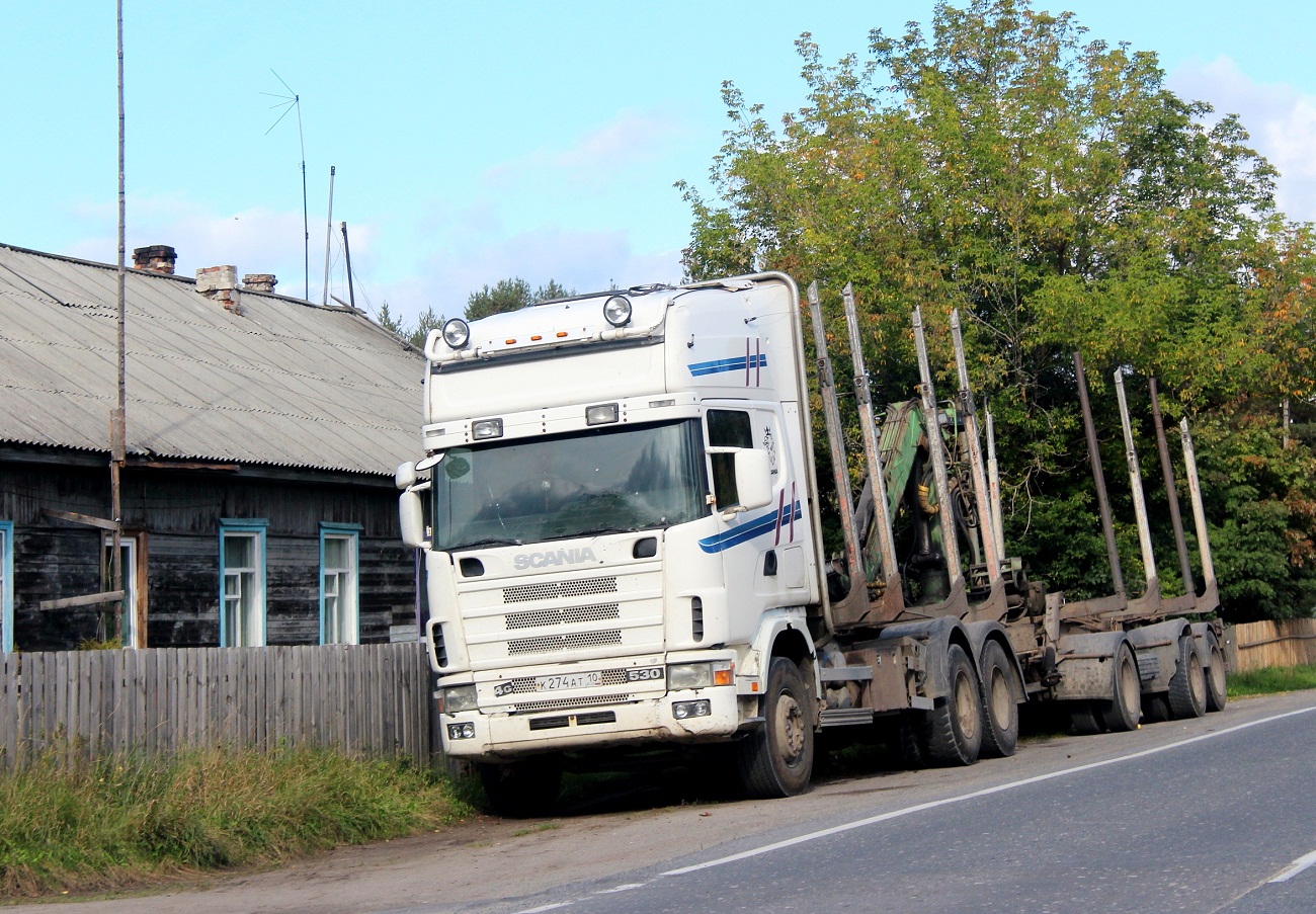 Лесовоз Scania R 144G 530 #К 274 АТ 10. Карелия, Кондопожский район, Гирвас